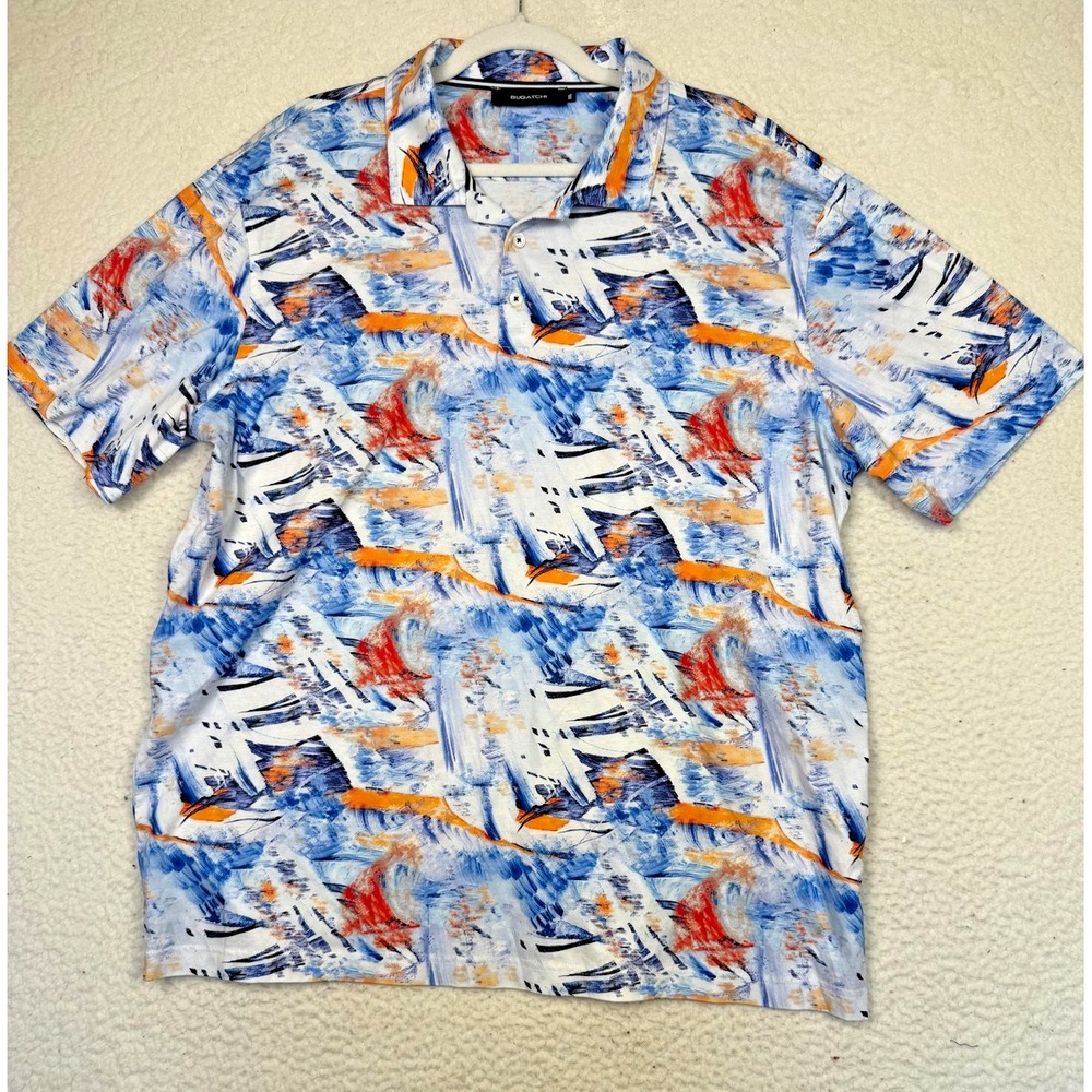 Bugatchi Polo Shirt Mens 2XL Multicolor Abstract Print Cotton Short Sleeve‎ Golf
